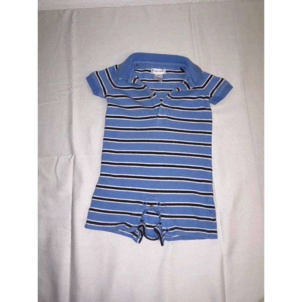 Ralph Lauren Baby Boys Blue Stripe Short Sleeve Polo Romper 6M
